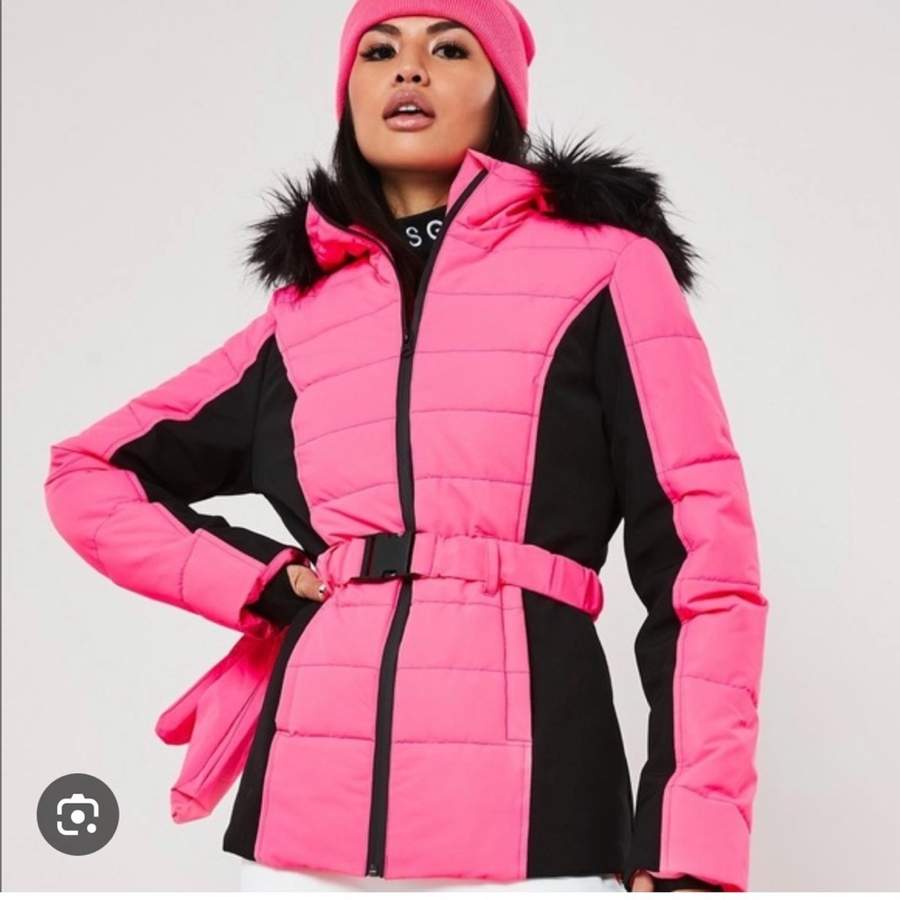 Pink and Black Puffer Ski Jacket with Fur Hood
